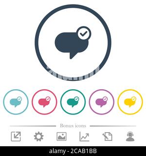 Message sent flat color icons in round outlines. 6 bonus icons included. Stock Vector