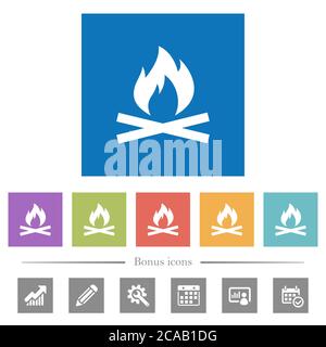 Camp fire flat white icons in square backgrounds. 6 bonus icons included. Stock Vector