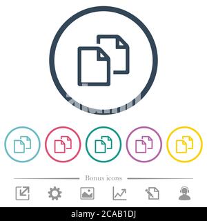 Copy document flat color icons in round outlines. 6 bonus icons included. Stock Vector