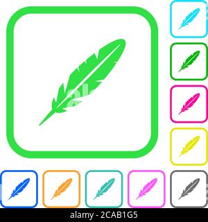 Single feather vivid colored flat icons in curved borders on white background Stock Vector
