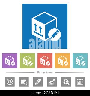 Package edit flat white icons in square backgrounds. 6 bonus icons included. Stock Vector
