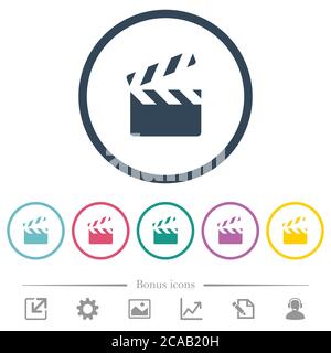 Clapperboard flat color icons in round outlines. 6 bonus icons included. Stock Vector