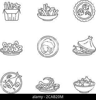 Restaurant dishes pixel perfect linear icons set. Fish and chips. Moules frites. Falafel dish. Customizable thin line contour symbols. Isolated vector Stock Vector