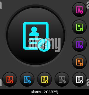 Paste contact dark push buttons with vivid color icons on dark grey background Stock Vector