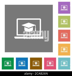 Webinar on laptop flat icons on simple color square backgrounds Stock Vector
