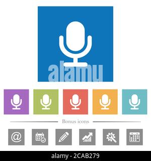 Single microphone flat white icons in square backgrounds. 6 bonus icons included. Stock Vector