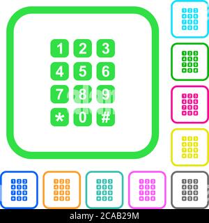 Numeric keypad vivid colored flat icons in curved borders on white background Stock Vector