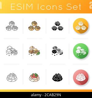 Traditional sweets icons set. Profiteroles. American brownies. Pavlova. European and Australian traditional, cuisine. Linear, black and RGB color styl Stock Vector