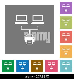 Network printing flat icons on simple color square backgrounds Stock Vector