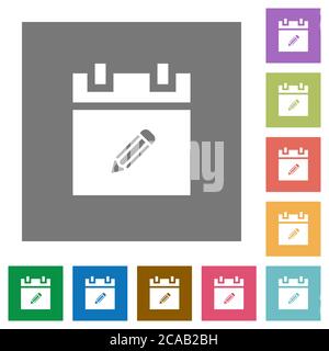 Edit schedule item flat icons on simple color square backgrounds Stock Vector