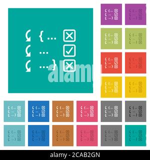 Debugging program multi colored flat icons on plain square backgrounds. Included white and darker icon variations for hover or active effects. Stock Vector