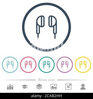 Earphone flat color icons in round outlines. 6 bonus icons included. Stock Vector