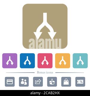 Split arrows down white flat icons on color rounded square backgrounds. 6 bonus icons included Stock Vector