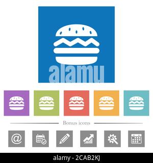 Single hamburger flat white icons in square backgrounds. 6 bonus icons included. Stock Vector