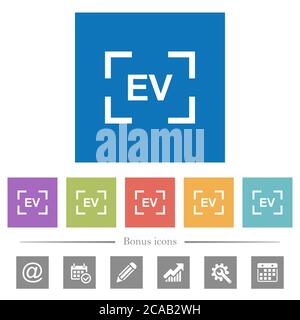 Camera exposure value setting flat white icons in square backgrounds. 6 bonus icons included. Stock Vector