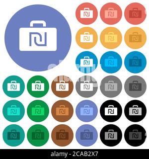 Israeli new Shekel bag multi colored flat icons on round backgrounds. Included white, light and dark icon variations for hover and active status effec Stock Vector