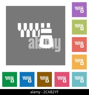 Horizontal zipper flat icons on simple color square backgrounds Stock Vector