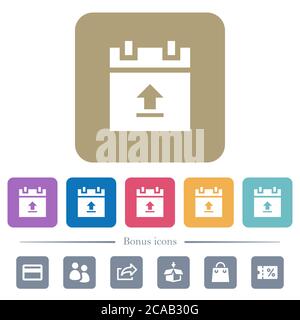 Upload schedule data white flat icons on color rounded square backgrounds. 6 bonus icons included Stock Vector