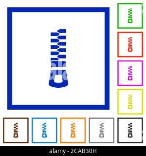 Vertical zipper flat color icons in square frames on white background Stock Vector