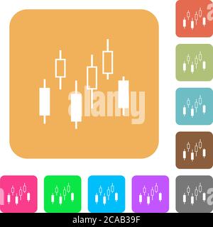 Candlestick chart flat icons on rounded square vivid color backgrounds. Stock Vector