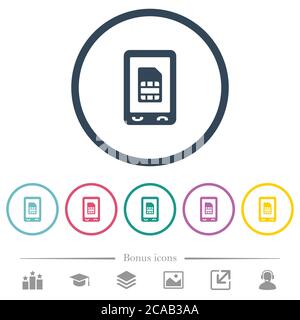 Mobile sim card flat color icons in round outlines. 6 bonus icons included. Stock Vector