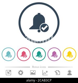 Reminder done flat color icons in round outlines. 6 bonus icons included. Stock Vector