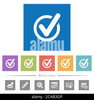 Checked data flat white icons in square backgrounds. 6 bonus icons included. Stock Vector