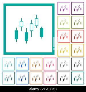 Candlestick chart flat color icons with quadrant frames on white background Stock Vector