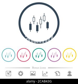 Candlestick chart flat color icons in round outlines. 6 bonus icons included. Stock Vector