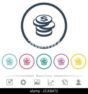 Stack of Dollar coins flat color icons in round outlines. 6 bonus icons included. Stock Vector