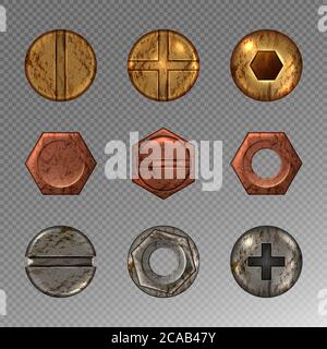 Old screw and nail heads set, steel, copper and brass metal bolts, rusty rivets hardware yellow, red and grey caps top view isolated on transparent background. Realistic 3d vector illustration, icons Stock Vector