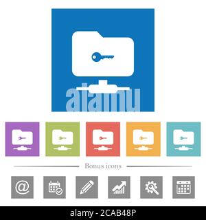 FTP secure flat white icons in square backgrounds. 6 bonus icons included. Stock Vector