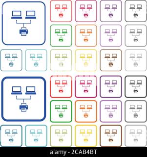 Network printing color flat icons in rounded square frames. Thin and thick versions included. Stock Vector