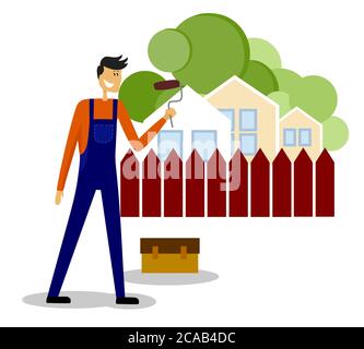 House painter standing in front Of painted fence. Cute mascot character. Workman cartoon flat vector illustration. Stock Vector