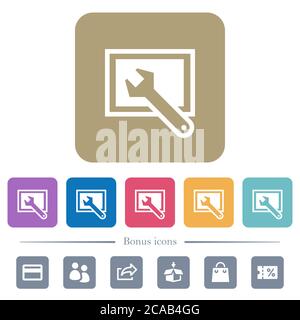 Screen settings white flat icons on color rounded square backgrounds. 6 bonus icons included Stock Vector