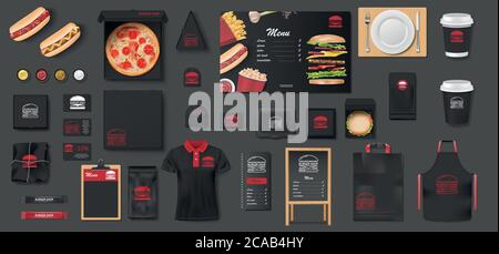 Black Mockup for pizzeria, cafe, fast food restaurant. Branding mock up set of pizza, street menu, burger, hot dog, package. Coffee, Fast food package Stock Vector