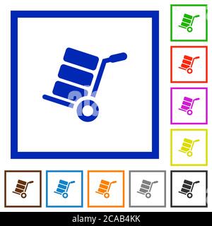 Hand truck with boxes flat color icons in square frames on white background Stock Vector