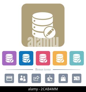Database edit white flat icons on color rounded square backgrounds. 6 bonus icons included Stock Vector