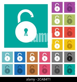 Unlocked round padlock with keyhole multi colored flat icons on plain square backgrounds. Included white and darker icon variations for hover or activ Stock Vector