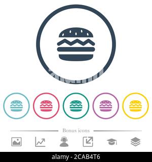 Single hamburger flat color icons in round outlines. 6 bonus icons included. Stock Vector