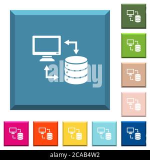 Syncronize data with database white icons on edged square buttons in various trendy colors Stock Vector