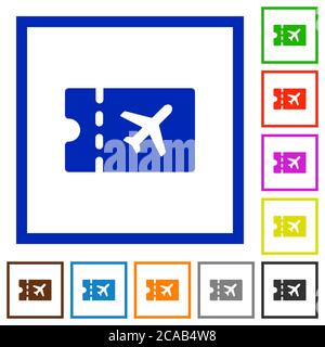 Air travel discount coupon flat color icons in square frames on white background Stock Vector