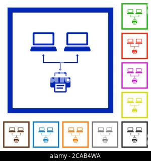 Network printing flat color icons in square frames on white background Stock Vector