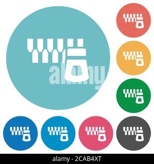 Horizontal zipper flat white icons on round color backgrounds Stock Vector