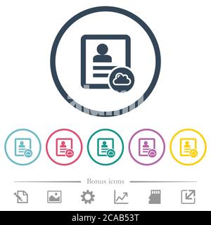 Cloud contact flat color icons in round outlines. 6 bonus icons included. Stock Vector
