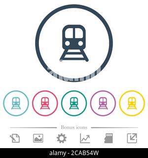 Train flat color icons in round outlines. 6 bonus icons included. Stock Vector