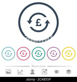 Pound pay back flat color icons in round outlines. 6 bonus icons included. Stock Vector