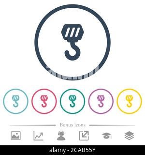 Construction hook flat color icons in round outlines. 6 bonus icons included. Stock Vector