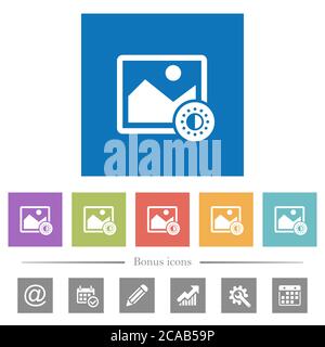 Adjust image saturation flat white icons in square backgrounds. 6 bonus icons included. Stock Vector