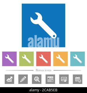 Single wrench flat white icons in square backgrounds. 6 bonus icons included. Stock Vector